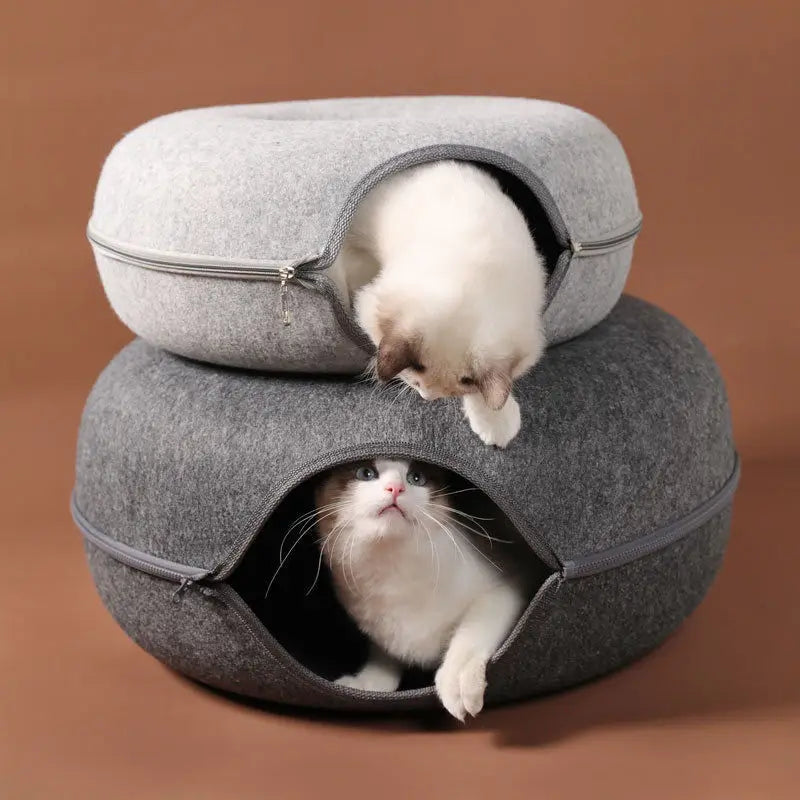 INZYX Donut Cat Bed with Tunnel Toy, Plush Faux Fur Calming Cat Nest, Cozy Indoor Pet Bed for Kittens and Small Dogs