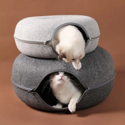 INZYX Donut Cat Bed with Tunnel Toy, Plush Faux Fur Calming Cat Nest, Cozy Indoor Pet Bed for Kittens and Small Dogs
