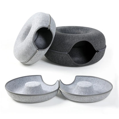 INZYX Donut Cat Bed with Tunnel Toy, Plush Faux Fur Calming Cat Nest, Cozy Indoor Pet Bed for Kittens and Small Dogs