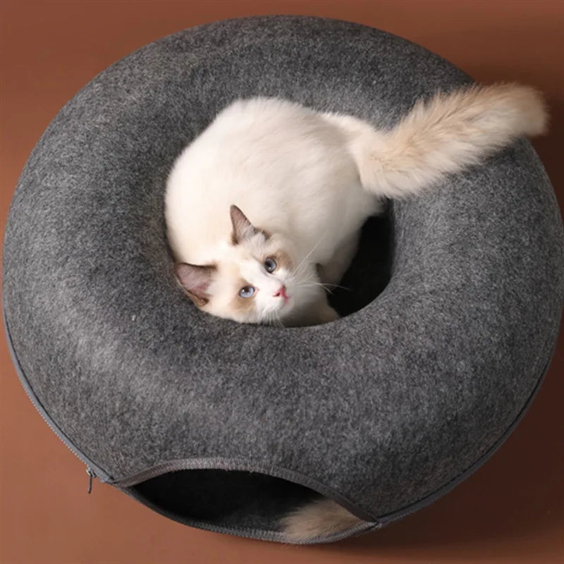 INZYX Donut Cat Bed with Tunnel Toy, Plush Faux Fur Calming Cat Nest, Cozy Indoor Pet Bed for Kittens and Small Dogs