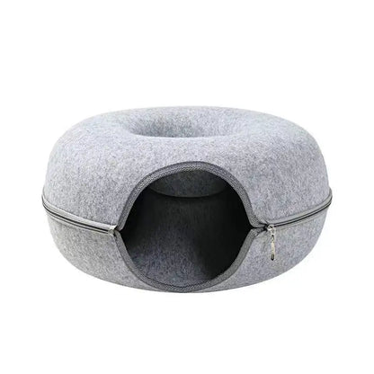 INZYX Donut Cat Bed with Tunnel Toy, Plush Faux Fur Calming Cat Nest, Cozy Indoor Pet Bed for Kittens and Small Dogs
