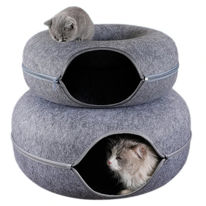 INZYX Donut Cat Bed with Tunnel Toy, Plush Faux Fur Calming Cat Nest, Cozy Indoor Pet Bed for Kittens and Small Dogs