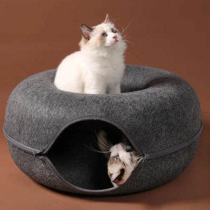 INZYX Donut Cat Bed with Tunnel Toy, Plush Faux Fur Calming Cat Nest, Cozy Indoor Pet Bed for Kittens and Small Dogs